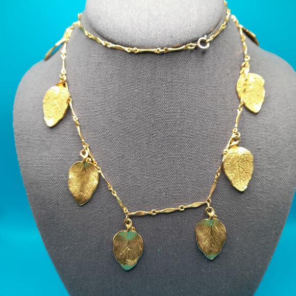 Vintage Dangling Leaves Long Chain Necklace, 29", 1960s Jewelry - Picture 2 of 15